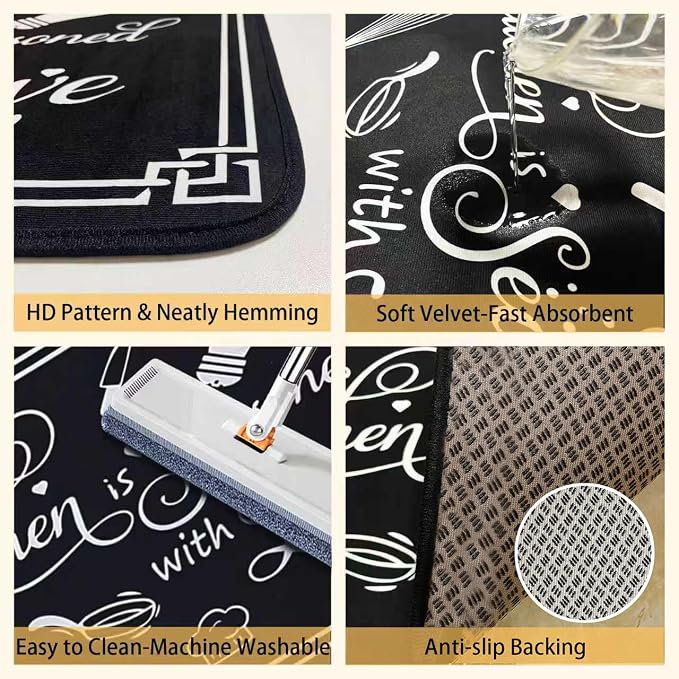 Voanos Black and White Kitchen Rugs,Non Skid Washable Microfiber mats for Kitchen Floor,Kitchen Rules Theme Cushioned Runner Rug Decor Sets of 2,Size 17"x 47"+17"x 30"