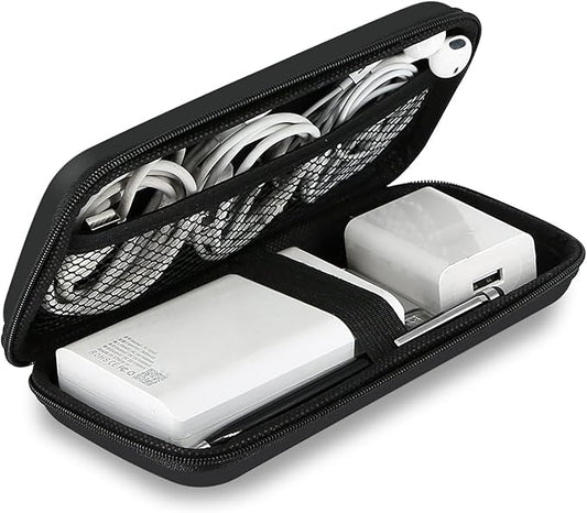 iMangoo Travel Essential Electronics Organizer Pouch Charger Case, Shockproof Dual Zipper Power Bank Cables Tech Accessories Purse, Men & Women Travel Must Have Storage Bag, 6.5x3.2x1 inch Black
