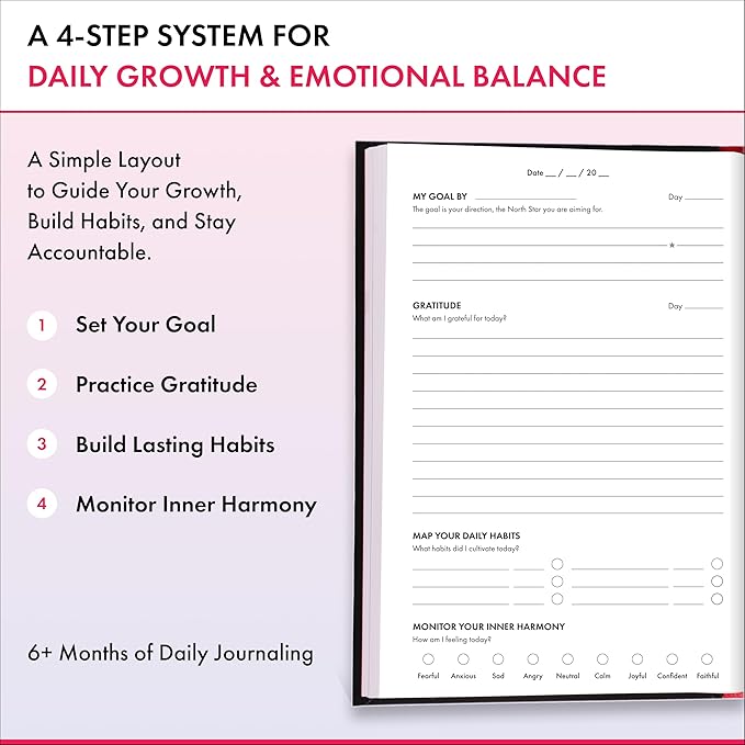 Daily Gratitude, Goal Setting & Habit Tracker Journal for Women & Men with 9-Point Emotional Wellness Scale — iAmEvolving™ 288-Page Hardcover Personal Growth Planner (Misty Rose Cover)
