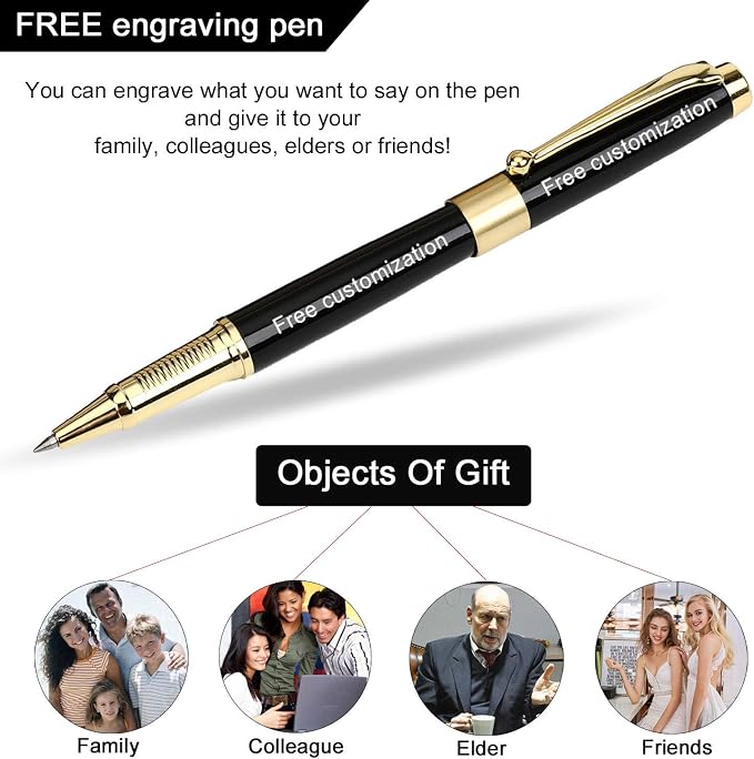 1314 Free Engraving pen Personalized custom pens Roller Ballpen, Ballpoint pen, Ball pen, Medium Refill Pen Black Ink, Custom Gifts for Men, Women, Classy Gift Box (Black Style 2)