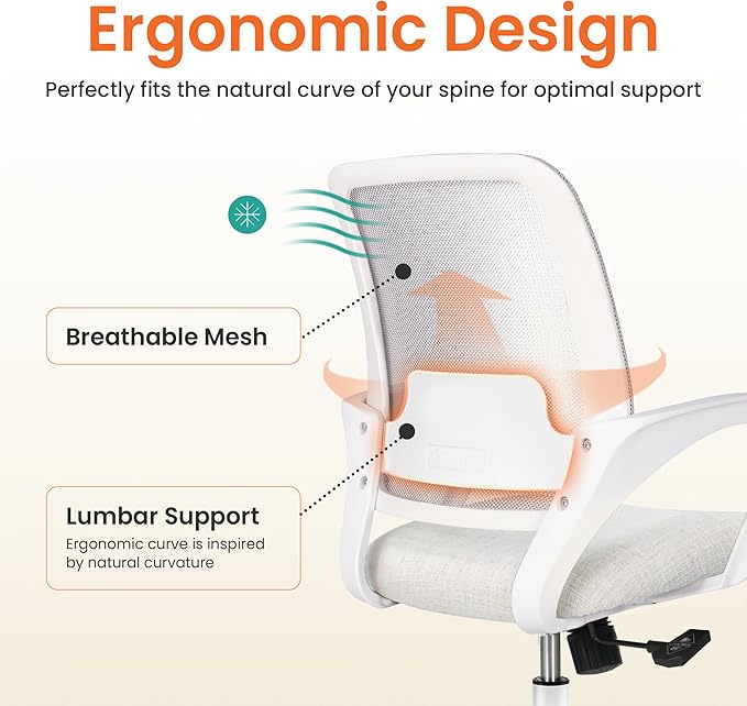NEO Chair Office Desk Computer Ergonomic Chair Comfy Mid Back Mesh Seat with Lumbar Support Adjustable Height Swivel Rolling Wheels for Home Task Vanity Study Bedroom (Ivory-White Frame)