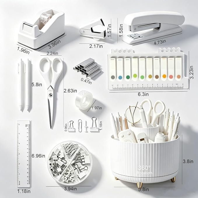 Office Supplies Set Rotating Pen Holder for Desk with Stapler Staple Remover, Tape Dispenser,Tape Refills, Binder Paper Clips Kit, Scissor,Pen, Ruler & Sticky Tabs,White Office School Supplies(White)