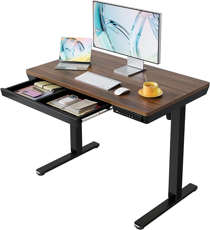 HUANUO Electric Standing Desk with Drawers, 40 X 24 Inch Electric Adjustable Height Desk, Quick Install One-Piece Tabletop with USB Charging Ports, Sit to Stand Up Desk for Home Office, Black Walnut