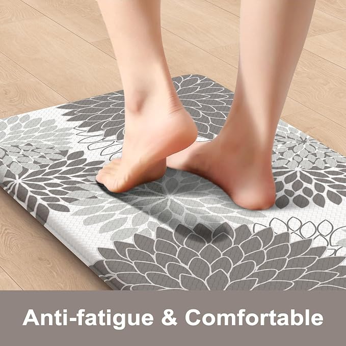 KIMODE Anti Fatigue Mats for Kitchen Floor Cushioned Kitchen Rugs Sets of 2 | 17"x47"+17"x29",Grey,Dahlia Floral Boho,Non Slip Rubber Backing,Waterproof,Wipe Clean,Standing Mat for Office Laundry Sink