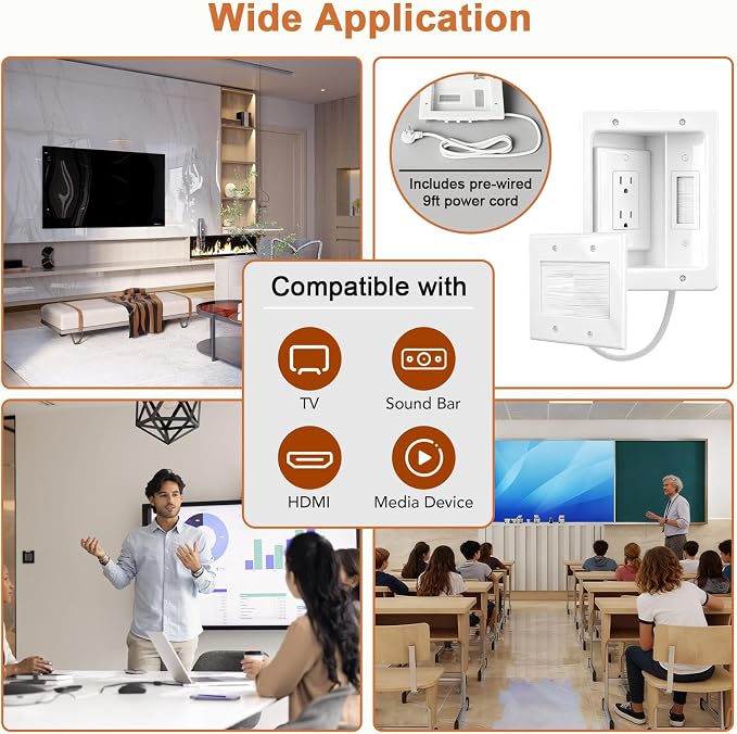 in Wall Cable Management Kit with Recessed Tv Outlet Box-Two-Hole Socket, 9ft Cord,Tv Cable Hider Wall Kit Hider Box Fits All Plugs, Easy, Safe Cable Management