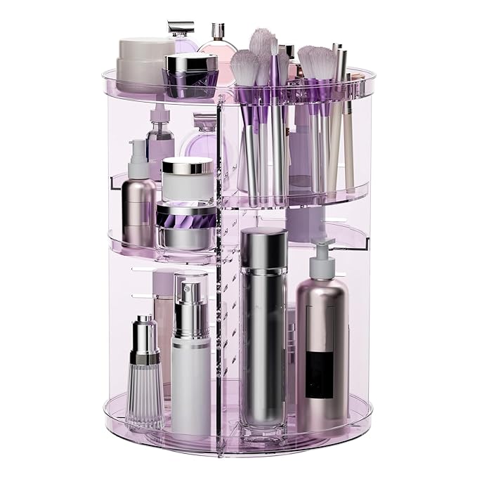 Rotating Makeup Organizer, DIY 8 Adjustable Layers Spinning Skincare Storage, Cosmetic Display Case with Brush Holder and Perfume Tray, Multi-Function Vanity Bathroom Countertop Organizer Clear Purple