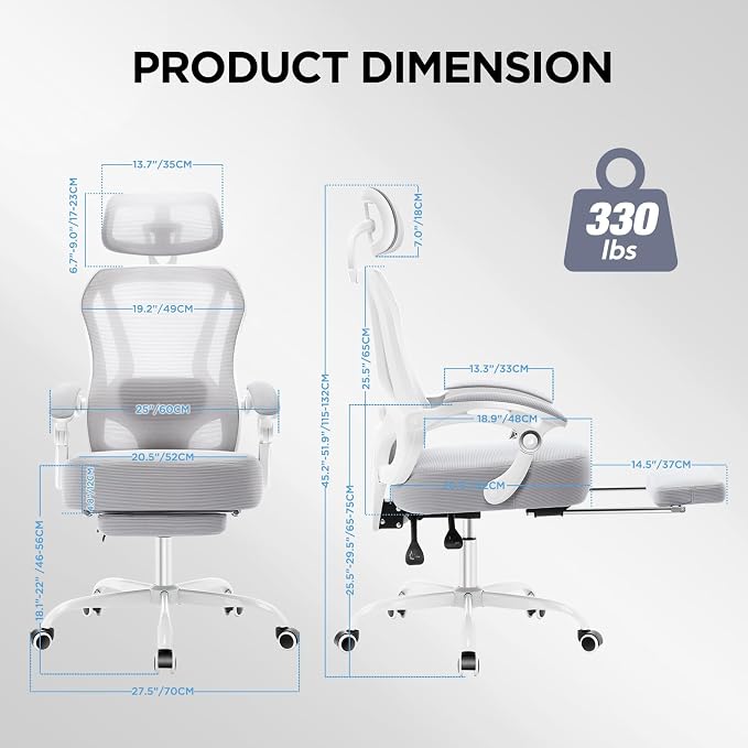 Ergonomic Office Chair with Footrest,Ultra Thick Desk Chair,Grey | 150°Reclining,Mesh High Back,Adjustable 2D Lumbar Support and Headrest,4.8" Spring Cushion,Premium Computer Chair for Adults