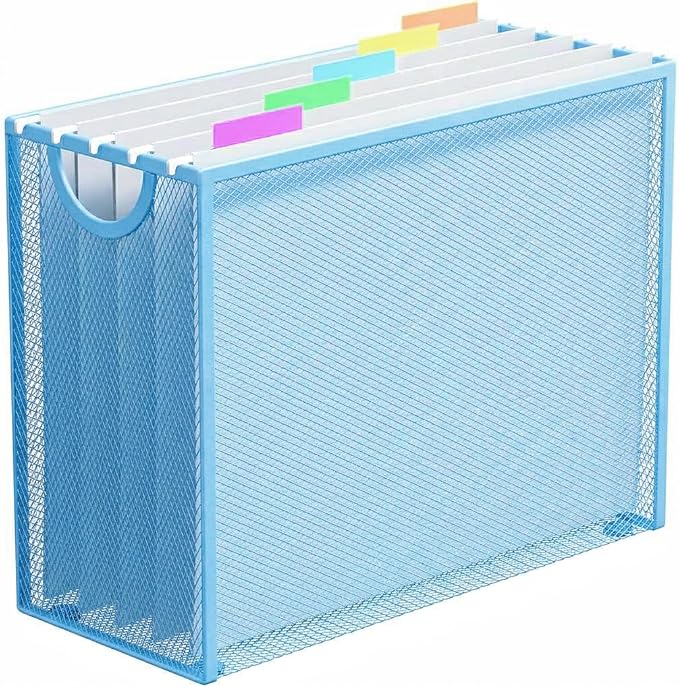 Hanging File Organizer, Letter-Size File Holder Filing Box with 5 Hanging Folders, Metal Mesh Desk File Folder Storage(No Assembly Required) (Blue, with 5 Grey Folders)