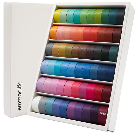 emmoolife 60 Rolls Washi Tape Set 15mm Wide Rainbow Colored Painters Masking Tape Supplies Writable Cute Colorful Decorative Craft Tape for Scrapbook DIY, Planner, Arts, Labeling and Color-Coding