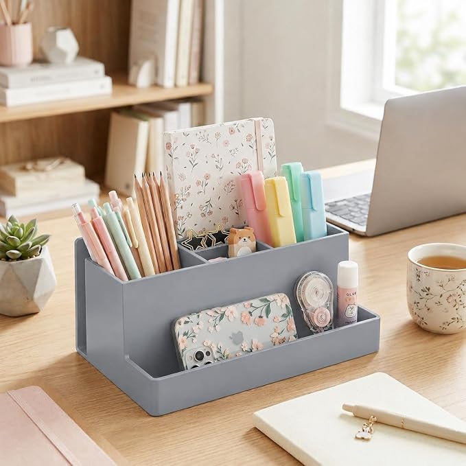 Acrimet Desktop Organizer - Multi Organizer Caddy Holder for Office, Home and School use (Plastic) (Silver Color) | Office Notebook, Briefcase, Pads & Accessories