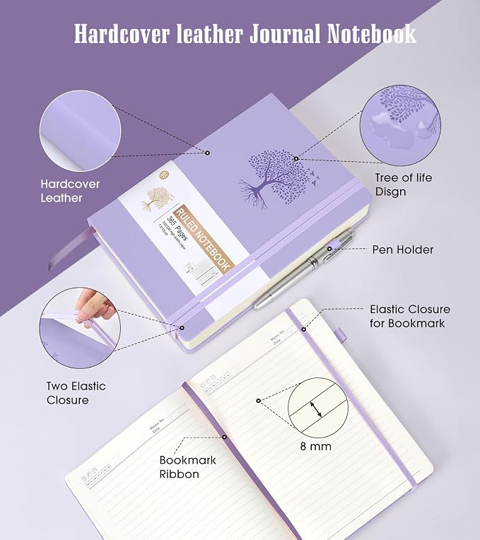 Lined Journal Notebook, 365 Pages B5 Large Journals for Writing Ruled Notebook, Hardcover Leather Journal for Women Men, Daily Notebook for Work, Note Taking, 100Gsm Thick Paper( 7.6'' X 10'' Purple)