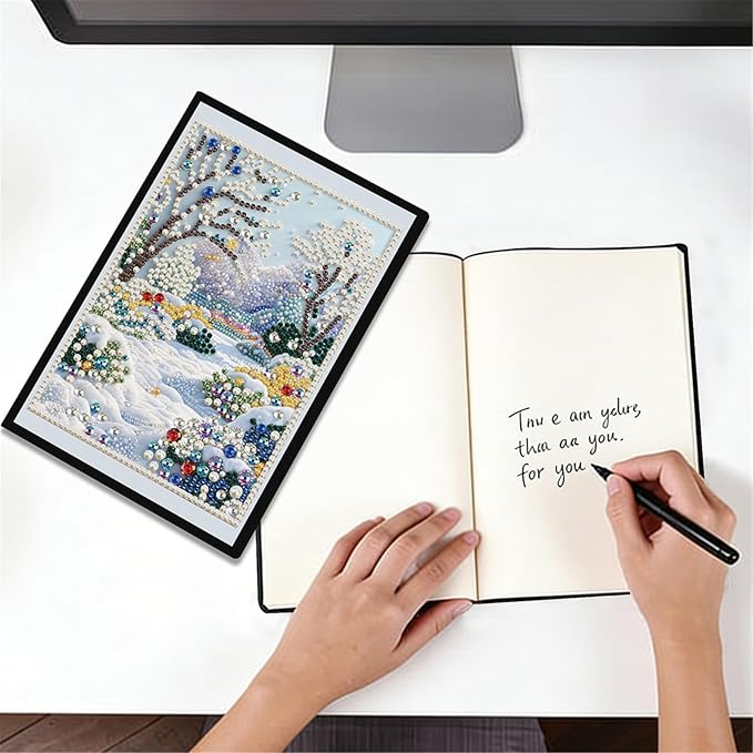 FRANDEK Pearl Painting Notebook Kit, Winter Forest A5 DIY Journal with 50 Blank Pages, Diamond Gem Art Cover with Waterproof Canvas, Beginner Craft Set with Full Tools for Adults