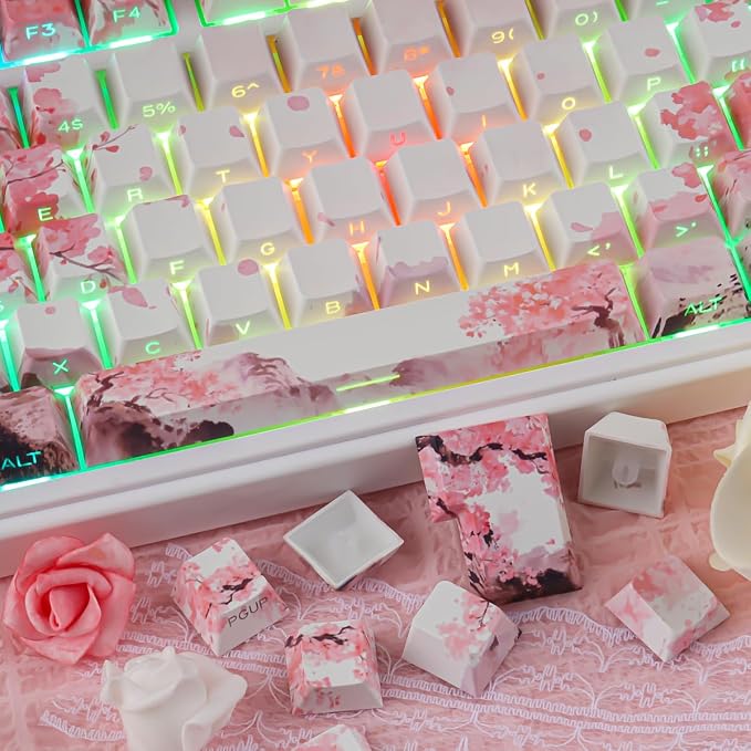 Tsungup PBT Keycaps Cherry Blossom Keycap Set - Custom Landscape Painting Sakura Pink Keycaps,131 Keys Side Print Key caps Cherry Profile Keyboard Key caps for Mechanical Keyboards