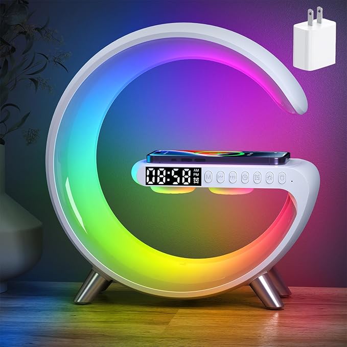 4 In 1 Smart LED Table Lamp, Alarm Clock, Wireless Charger, Night Light, Bluetooth Speaker with App Control, Bedside Lamp for Bedroom, Office, Home Decor, Family, Girls Boys Birthday Festival Gifts