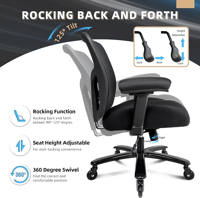 500LBS Big and Tall Office Chair with 4D Armrests & Adjustable Backrest, Heavy Duty Office Chair for Heavy People, Memory Foam Seat Filling Springs, Black