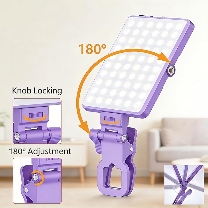 Selfie Light for iPhone-camera light for content creator -portable light-Clip on Light with 3 Mode&10 Brightness Levels, Ring Light for Phone for TikTok-Makeup-video recording-Vlog-Laptop-Purple