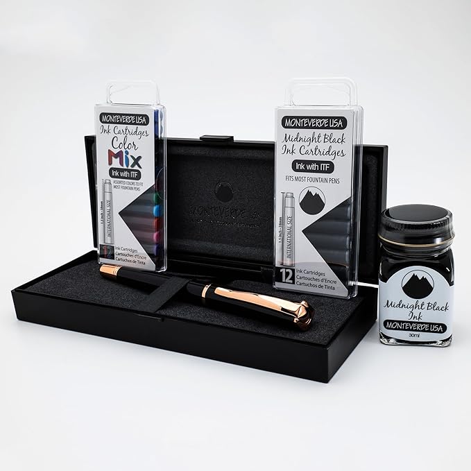Monteverde USA Impressa Fountain Pen - Black & 24K Gilded Rose Gold Pen, 24K Gilded Gold Medium Nib, Free Ink Bottle, Free 24 Cartridges, Luxury Writing Experience, Elegant Executive Gift Set