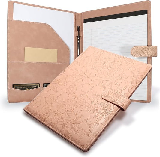 Professional Padfolio Portfolio Binder, Textured Embossing Faux Leather Folder Organizer for Letter Size Legal Pad Notepad Resume, Card Holder for Women Men Business Office Conference (Beige)