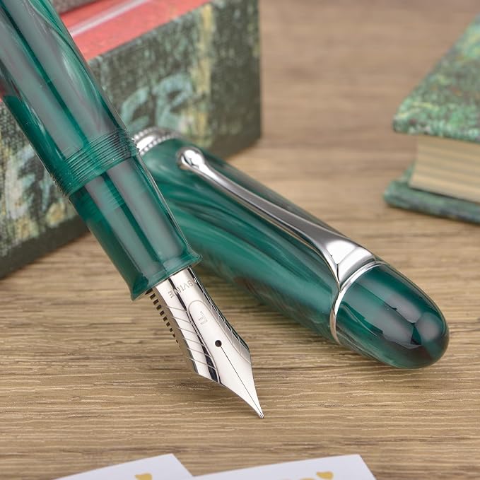 Asvine V800 Fountain Pen – Vacuum Filling System with Large Ink Capacity – Smooth Number 8 Extra Fine Nib with Gift Case and Wrench- Green Acrylic