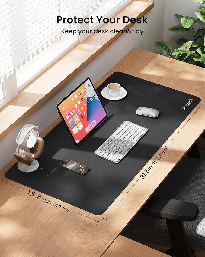 ProtoArc MP10 Leather Desk Mat, Large Mouse Pad- 31.5×15.8 inch, Non-Slip PU Leather Desk Pad Protector, Premium Desktop Mat for Computer, Keyboard and Mouse, Black
