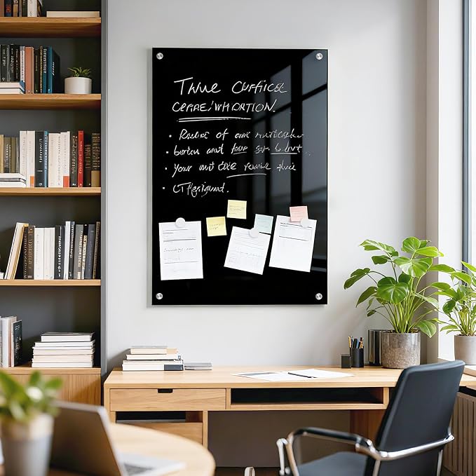 Magnetic Large Black Dry Erase Board, 36" x 24" | Black Glass Board Frameless Wall Mounted Glass Whiteboard for Office, School & Home with 1 Marker & 6 Strong Magnets