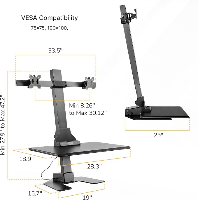 Mount-It! Double Monitor Electric Standing Desk Converter - 2 Screens Stand Up Desk Riser - Height Adjustable Desktop & 2 Mounts for Screens up to 32", Sit-Stand Convertor for Home, Office, School