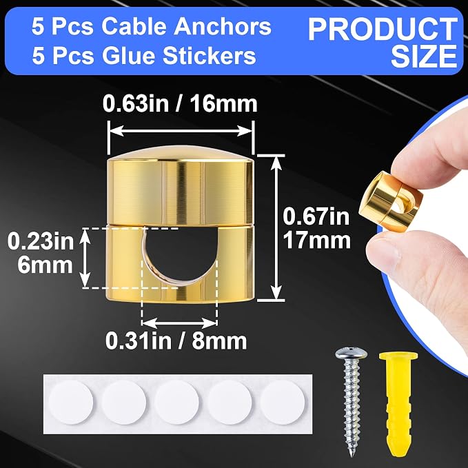 SmallCat 5 Sets Charger Holders for Cords, Gold Adjustable Cable Anchor Holders, Adhesive Metal Cord Clips, Cable Management Wire Organizers for Desk, Office, Nightstand