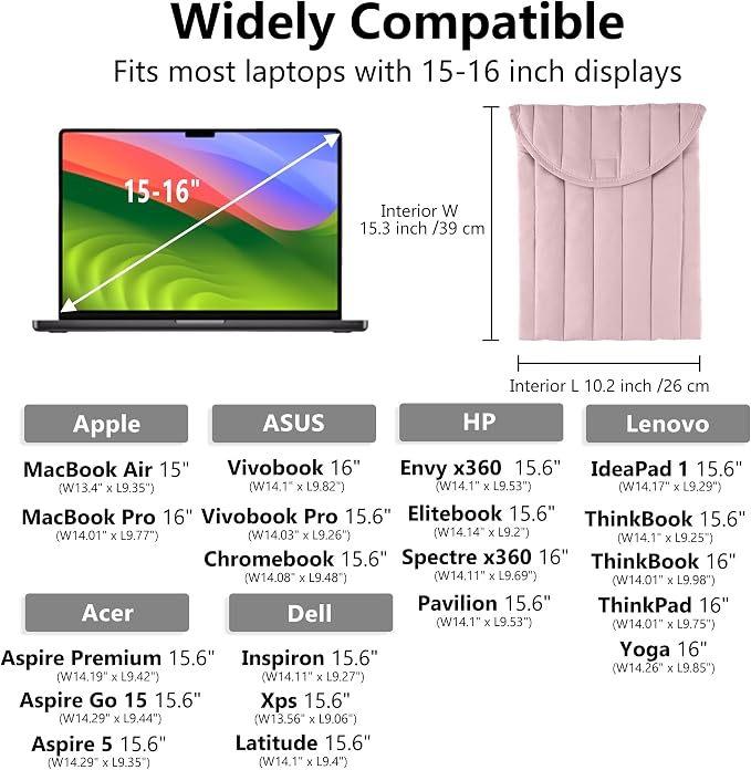 Puffy Laptop Sleeve 15-16 Inch Lilac Pink, Protective Carrying Case for Men and Women, Cute Case Bag Compatible with 15 Inch and 16 Inch Laptops, for MacBook Air M2 M1, Asus/Dell Xps/Lenovo in Cover