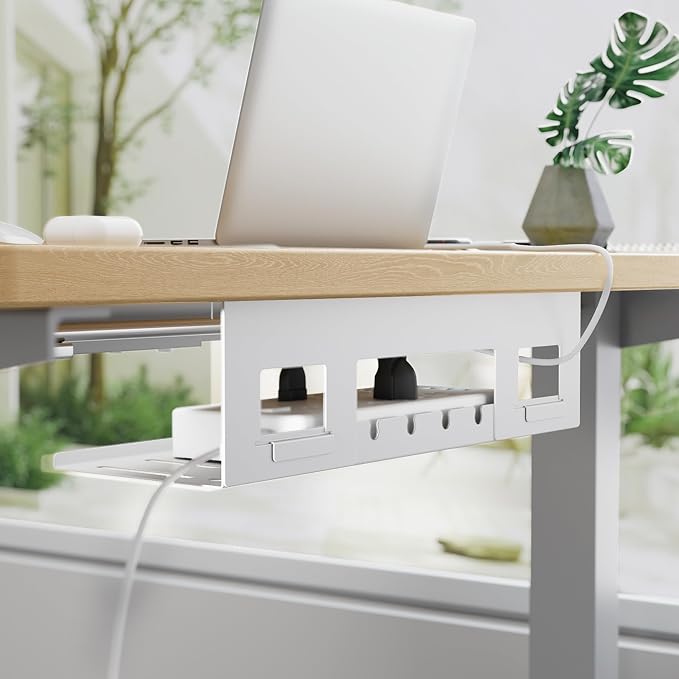 Under Desk Cable Management Tray, 15.7'' Screw-Mount Steel Rack | Metal Cord Organizer for Power Strips, Chargers, Reversible Installation, Effortless Wire Management for Home Office, White