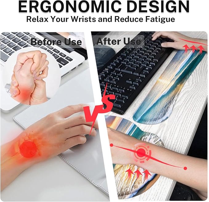 Britimes Summer Beach Sun Ergonomic Mouse Pad Set with Wrist Rest Non-Slip Rubber Base Wrist Cushion Support and Coasters Mousepad with Wrist Support for Computer Keyboard and Desk