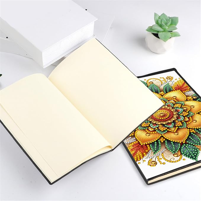 FRANDEK Diamond Art Painting Notebook Kit, Yellow Mandala A5 DIY Journal with 50 Blank Pages, Crystal Rhinestone Cover with Waterproof Canvas, Beginner Craft Set with Full Tools for Adults