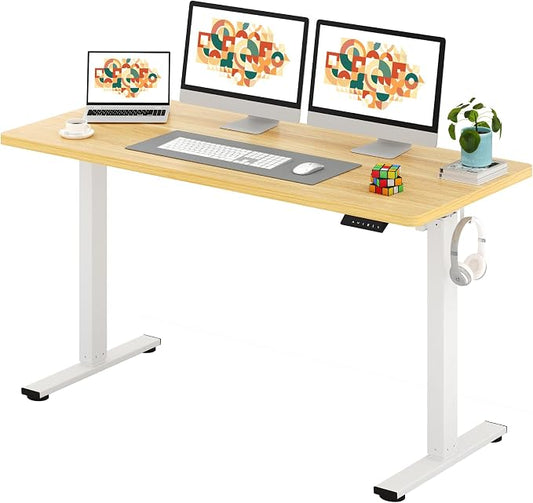 SANODESK One-Piece Electric Standing Desk, Seamless 60 x 24'' Ergonomic Height Adjustable Sit Stand Desk with Memory Presets for Home Office Computer Workstation, White Frame/Natural Top