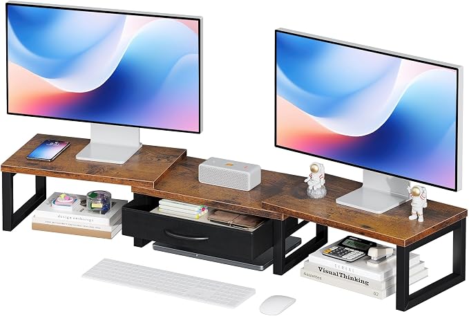 Desk Organizers and Accessories, Dual Monitor Stand Riser with Drawer, Computer Monitor Stand, Adjustable Desk Shelf for PC Laptop Printer TV, Brown