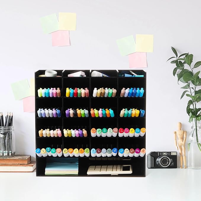 MotiMind Acrylic Pen Organizer Storage for 250 Markers Vertical Marker Organizer Acrylic Pen Display Holder for Office Desk Desktop Stationery Pencil Storage, Black, 13 x 4 x 12.4 Inch
