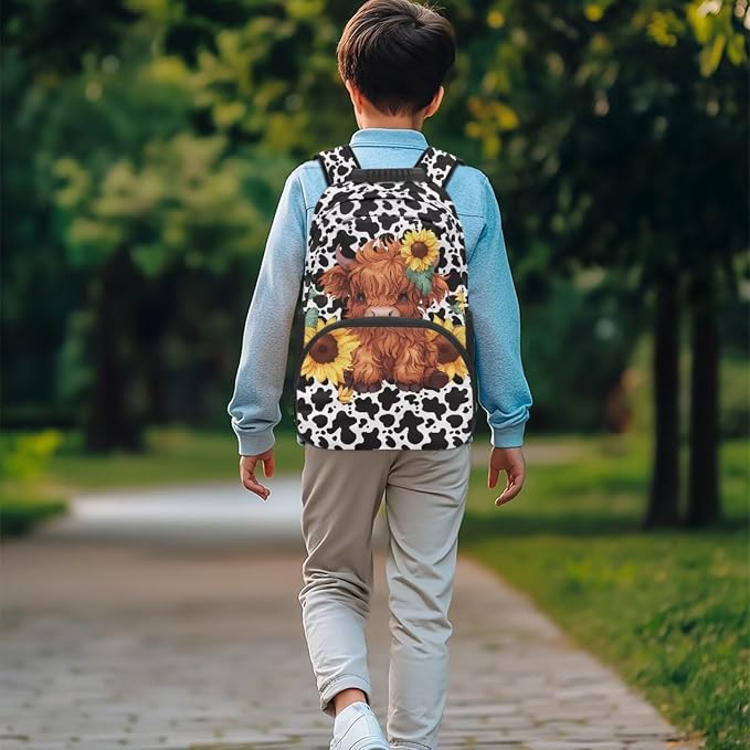 ZFRXIGN Highland Cow Kids Backpack for Boys Bookbag with Cute Pendant 17inch Elementary School Girls Bag and Insulated Lunch Box Portable Pencil Case Cow Print