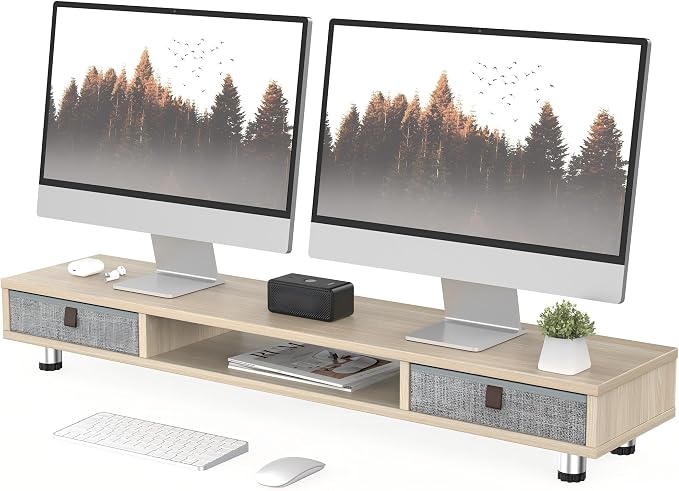 Fenge Dual Monitor Stand, 2-Tier Desk Organizer with Drawers, 42.5in, Oak | Storage Fabric Drawer, Ergonomic Height Adjustable, Desk Shelf for Top of Desk, Laptop, PC, TV, Home Office Organization