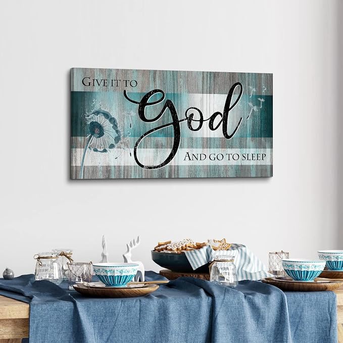 Give It to God and Go to Sleep Sign Bedroom Wall Decor 20x40" Christian Bible Verse Wall Art Above Bed Wall Decor Teal Farmhouse Faith Quote Canvas Painting for Living Room Master Bedroom Decoration