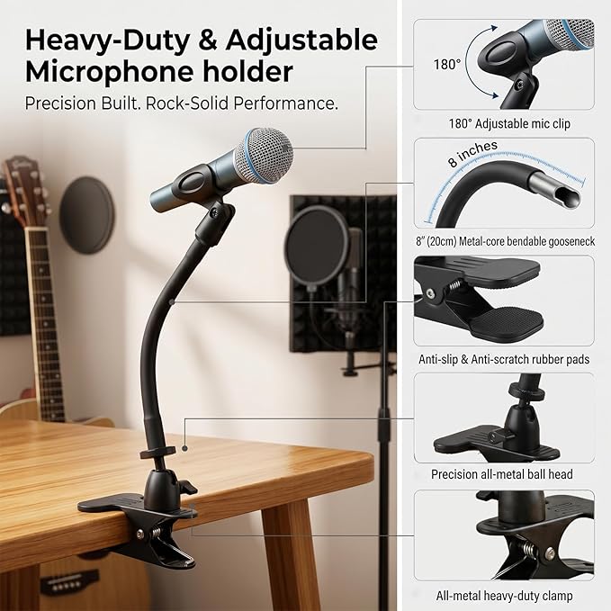 ROCKFREE Microphone Stand with 360° Rotating Base,Heavy-Duty Desk Clamp,8" Flexible Gooseneck Mic Mount,Includes 1/4" to 3/8" & 5/8" Metal Adapters for Shure,Fifine,HyperX,AT2020,Blue Snowball,Razer