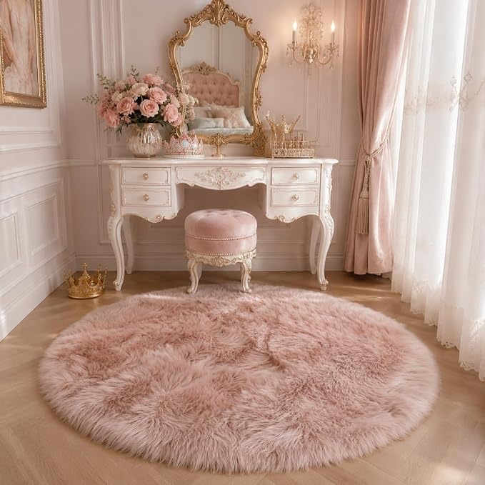 EasyJoy Faux Sheepskin Rug, Fluffy Faux Fur Rug, Ultra Soft Shag Area Rug with Non-Slip Backing for Bedroom, Living Room, Nursery, Kids Room(4 x 4 ft Round, Pink)