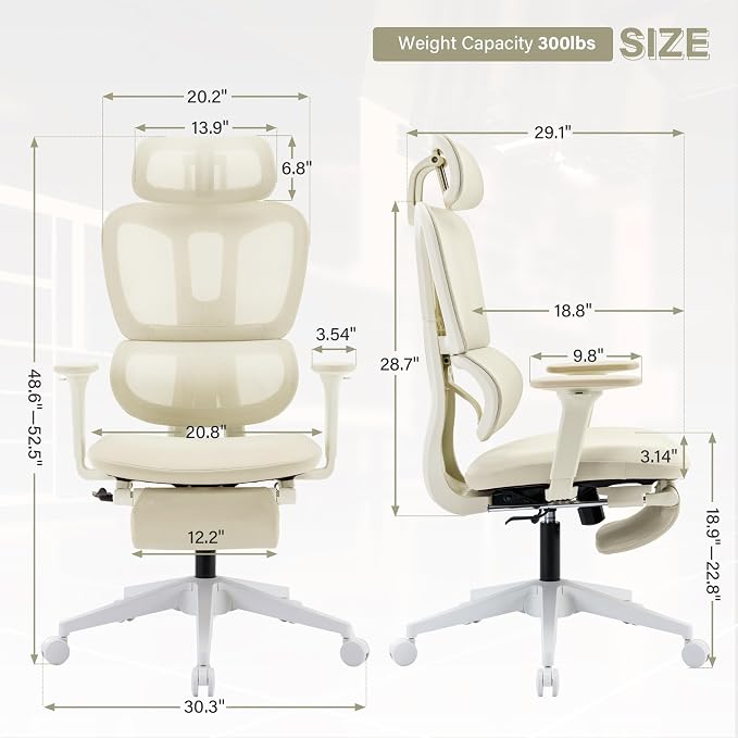 Ergonomic Office Chair with Retractable Footrest, Cream | High Back Design, Dynamic Lumbar Support, 2D Headrest & 2D Armrests, Breathable Mesh Back for Home Office