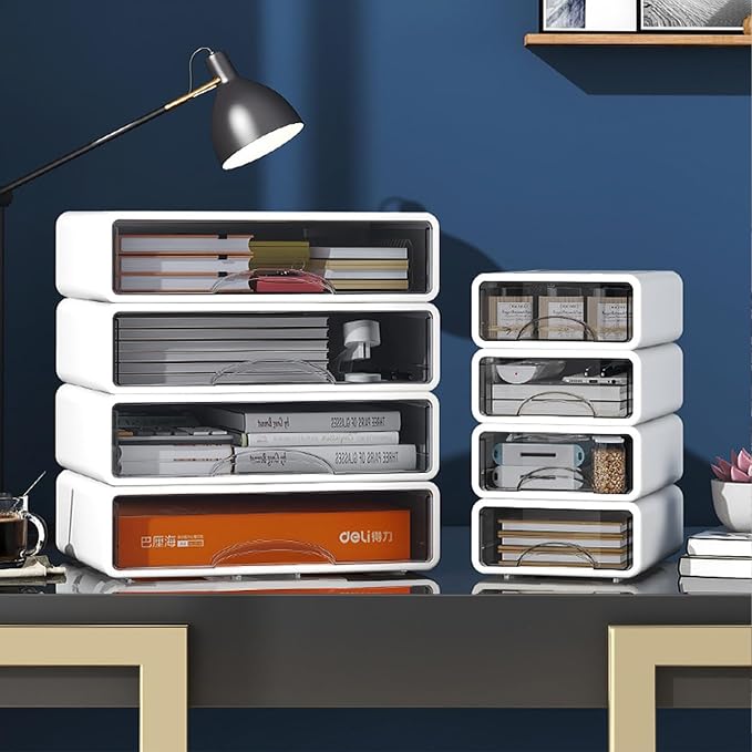 Desk Organizer with Drawers, Stackable Storage Drawers with Compartments Desktop Organization for Office Supplies, Makeup, Pencils, Tape, Erasers, Paperclips, Chargers (White 2S2M)