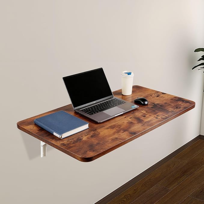 Neoaider Wall Mounted Folding Table 39.4”L x 19.7”W, Laundry Folding Table with Heavy Duty Metal Collapsible Shelf Brackets, Wall Mounted Desk Fold Down for Small Spaces, Brown