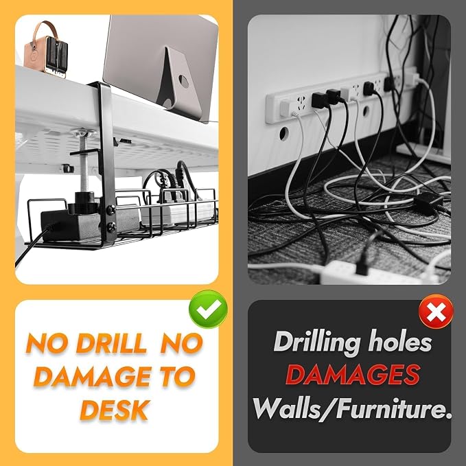 Under Desk Cable Management Tray No Drill 2pack Kit- 15.7'' Long 5.1'' Wide Tray, Steel Cord Organizers, 4 Cable Holder, 12 Roll Cable Organizer Straps, No Drill, No Damage to Desk(Black)