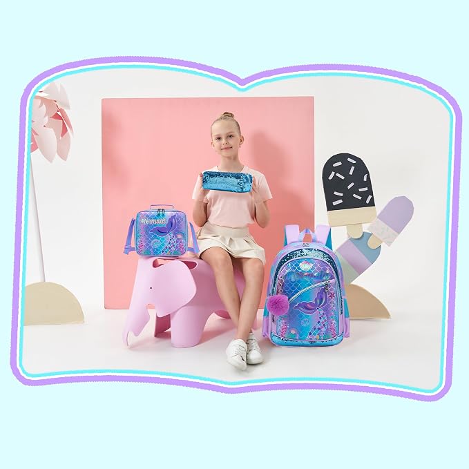 Meetbelify Mermaid Backpack for Girls School Backpack with Lunch Box for Elementary Student Teen Girls Cute School Bag Kids Bookbag for Girls 8-10 Purple