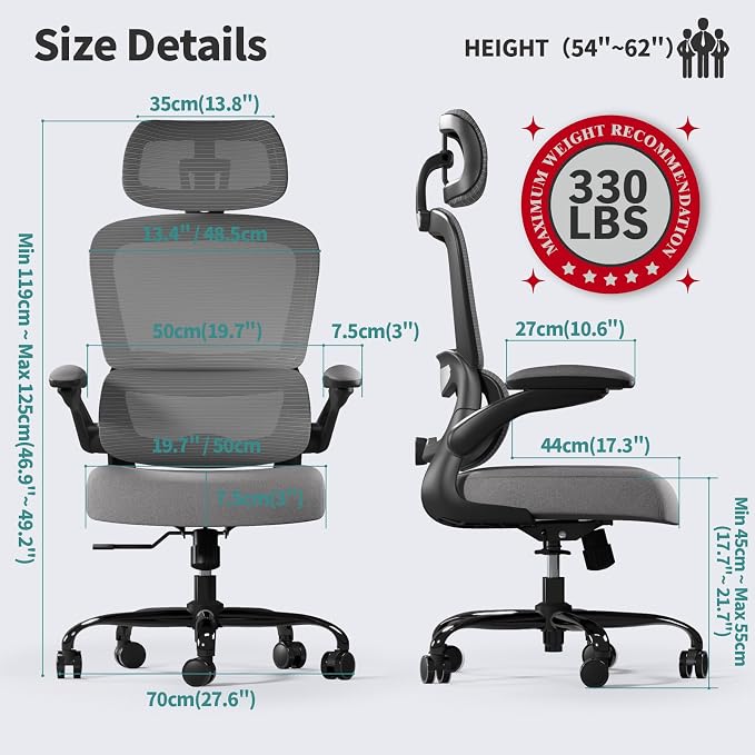 TRALT Office Chair Ergonomic Desk Chair, 330 LBS Home Mesh Office Desk Chairs with Wheels, Comfortable Gaming Chairs (Dark Grey)