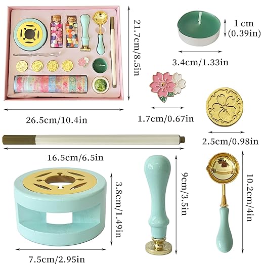 Wax Seal Stamp Kit - Wooden Warmer, 5 Floral Stamps, 120 Wax Beads & Washi Tape - Complete Set for Wedding Invitations & DIY Crafts