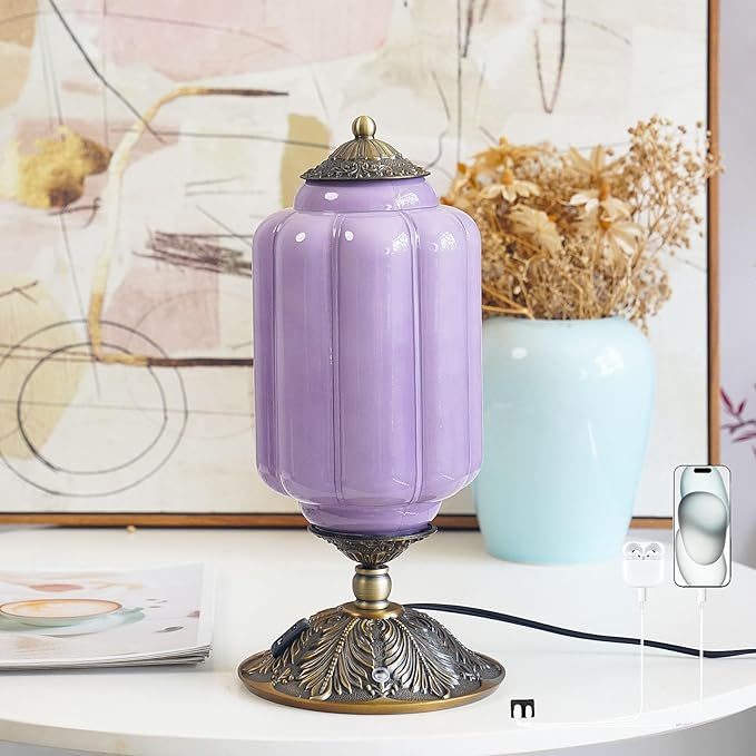 Vintage Touch Bedside Table Lamp, Elegant Green Glass Bedside Desk Lamp 3 Way Dimmable with USB C+A Charging Ports - Bedroom Nightstand & Living Room Essential (Purple;, 6.5)