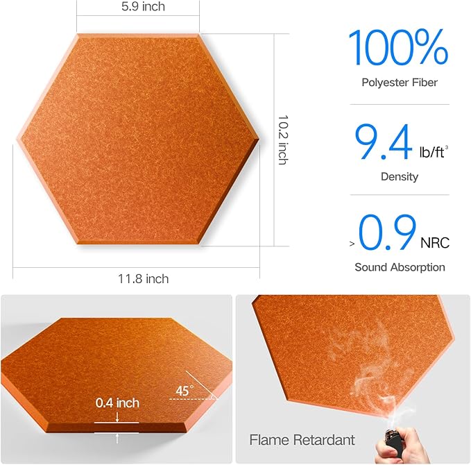 18 Pack Self-Adhesive Acoustic Panels 12" X 10" X 0.4" - Sound Proof Foam Panels for Wall with High Density, Hexagon Design, Flame Resistant, Absorb Noise and Eliminate Echoes(Tangerine)