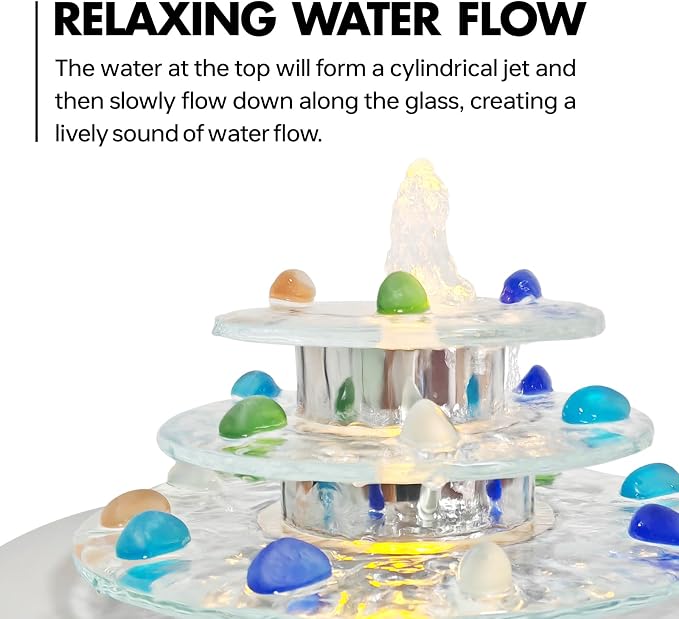 Pamopamo Indoor Tabletop Fountain 3-Tier Waterfall, Zen Meditation Fountain with LED Light, Small Desk Water Feature Soothing Sound Relaxing for Office Home Décor