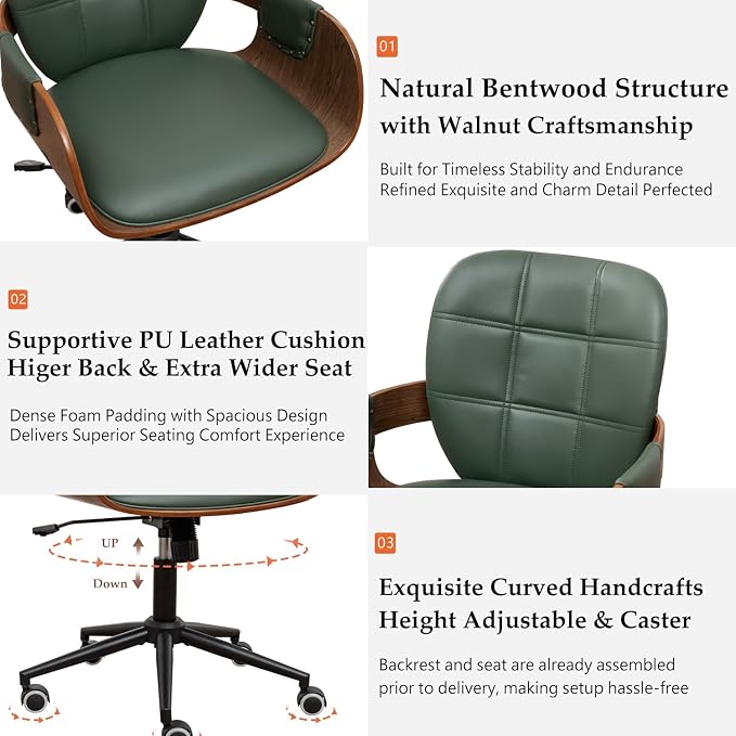 Mid Century Modern Desk Chair, Faux Leather Office Chair with Walnut Finish | Ergonomic Curved Back, Bentwood Frame, 360° Swivel & Rocking Function, Height Adjustable 19"-23", Support Up to 350 lbs